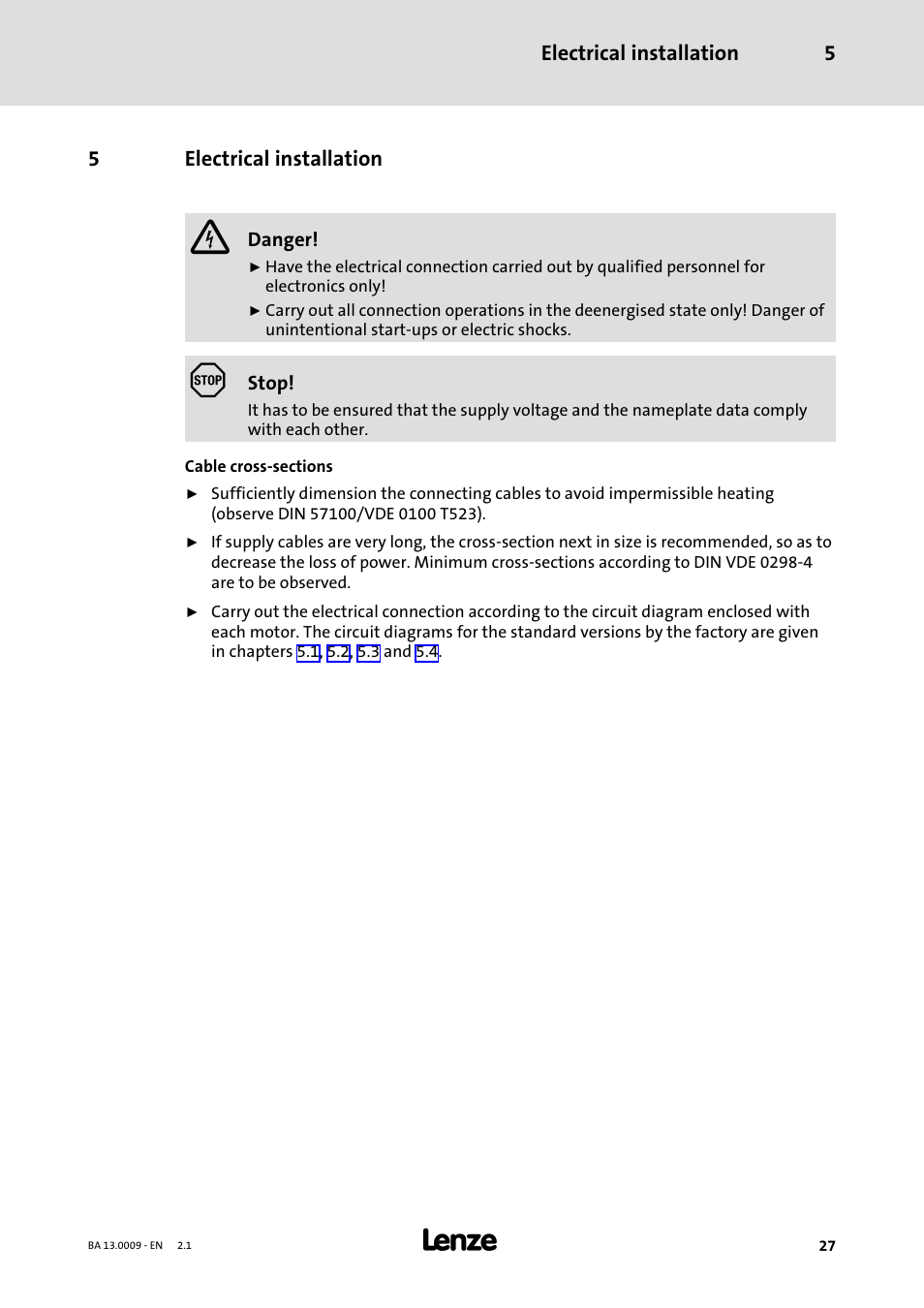 5 electrical installation, Electrical installation | Lenze 13.7xx Motors-Geared motors User Manual | Page 27 / 56