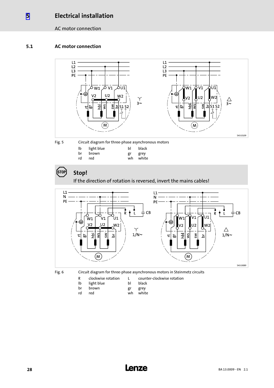 1 ac motor connection, Ac motor connection, Electrical installation | Stop | Lenze 13.7xx Motors-Geared motors User Manual | Page 28 / 56