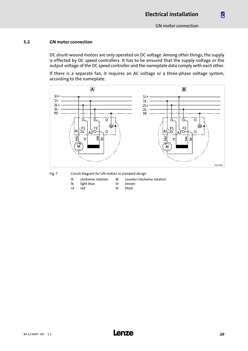 2 gn motor connection, Gn motor connection, Electrical installation | Lenze 13.7xx Motors-Geared motors User Manual | Page 29 / 56