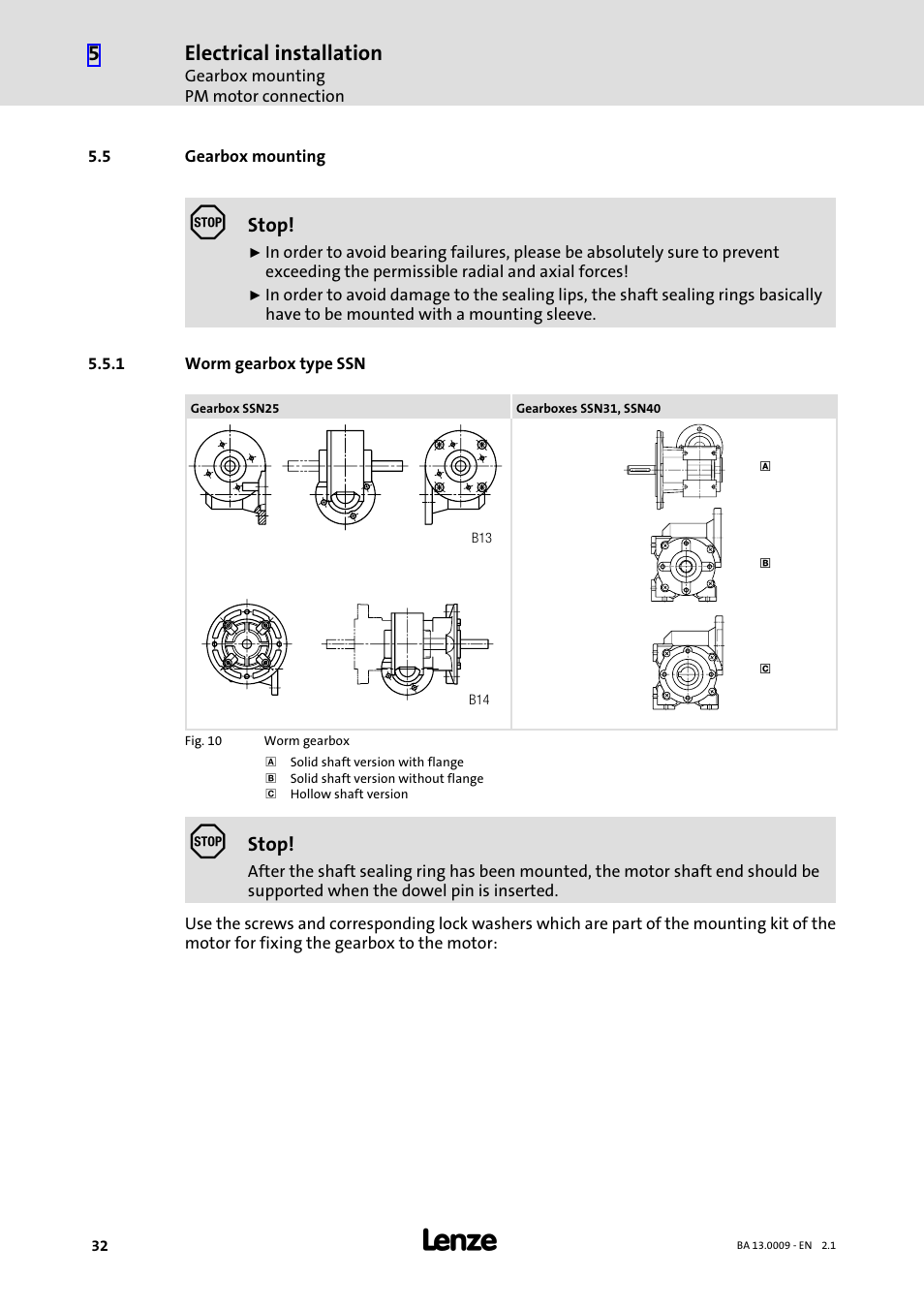 5 gearbox mounting, 1 worm gearbox type ssn, Gearbox mounting | Worm gearbox type ssn, Electrical installation | Lenze 13.7xx Motors-Geared motors User Manual | Page 32 / 56