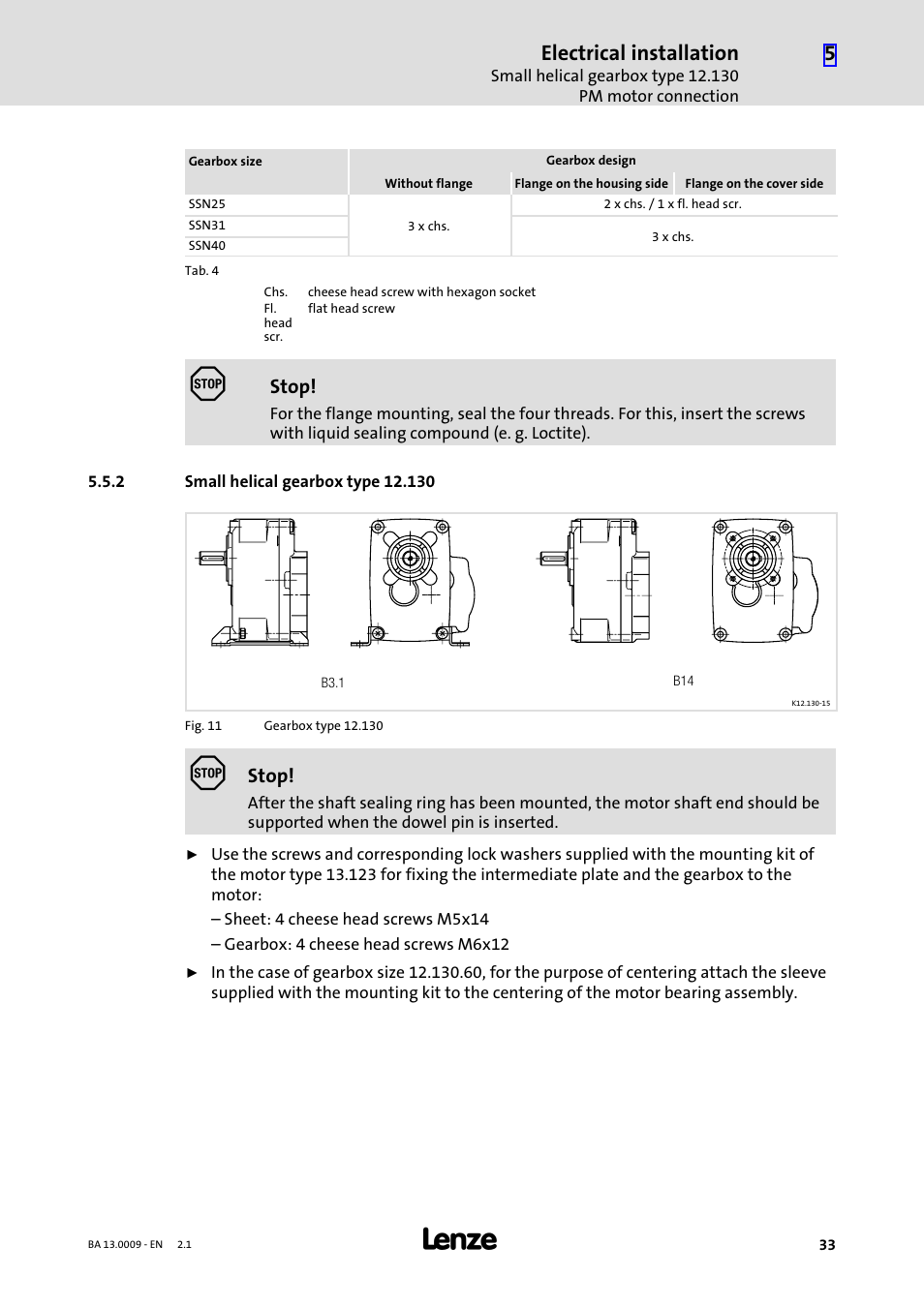 2 small helical gearbox type 12.130, Small helical gearbox type 12.130, Electrical installation | Stop | Lenze 13.7xx Motors-Geared motors User Manual | Page 33 / 56