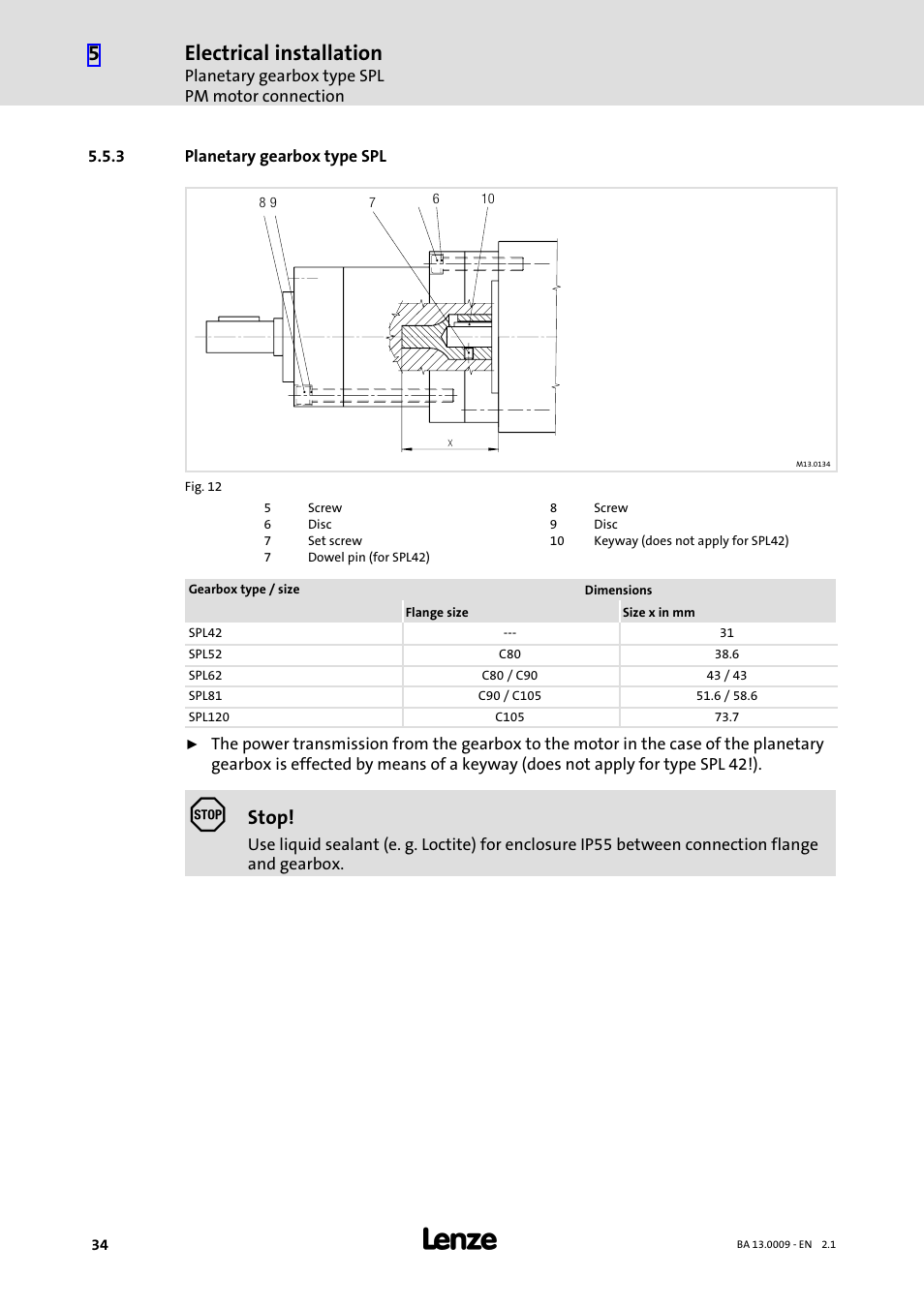 3 planetary gearbox type spl, Planetary gearbox type spl, Electrical installation | Stop | Lenze 13.7xx Motors-Geared motors User Manual | Page 34 / 56