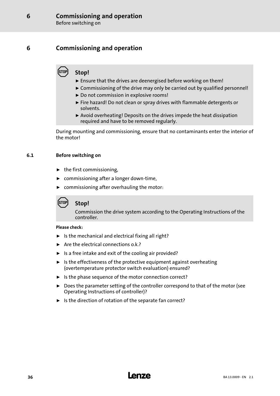 6 commissioning and operation, 1 before switching on, Commissioning and operation | Before switching on, 6commissioning and operation | Lenze 13.7xx Motors-Geared motors User Manual | Page 36 / 56