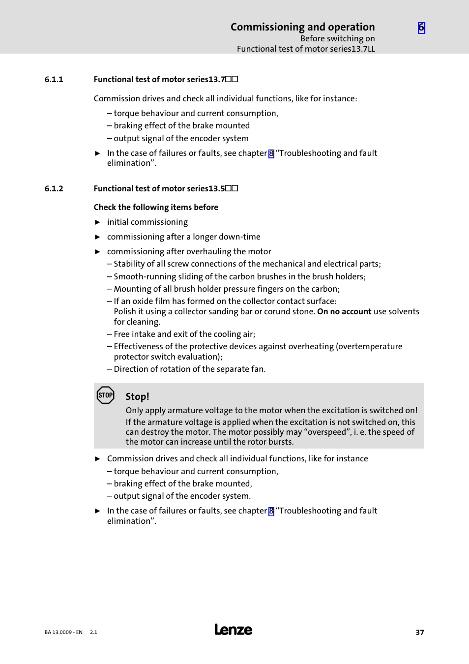 1 functional test of motor series13.7, 2 functional test of motor series13.5, Functional test of motor series13.7ll | Functional test of motor series13.5ll, Commissioning and operation | Lenze 13.7xx Motors-Geared motors User Manual | Page 37 / 56