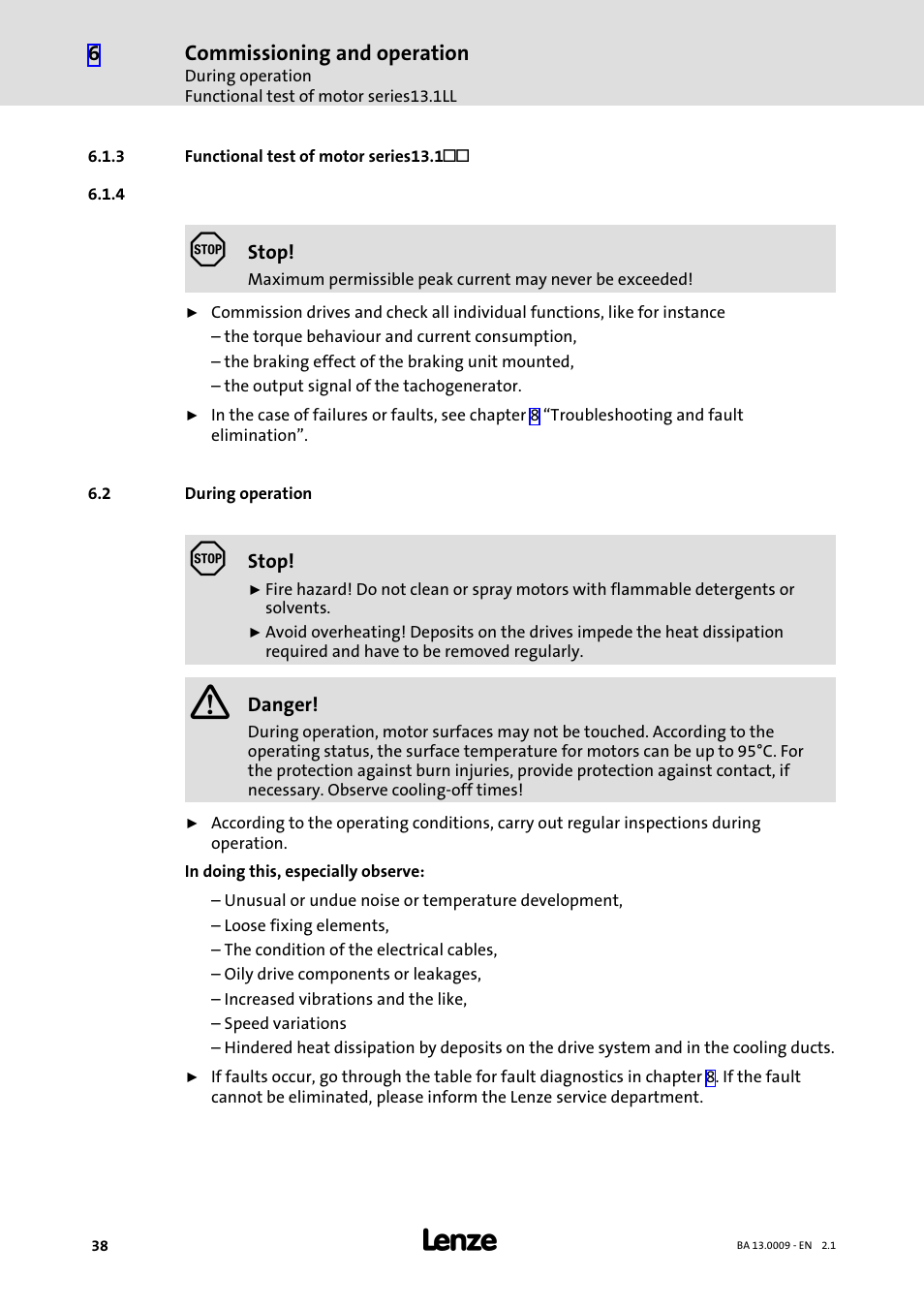 3 functional test of motor series13.1, 2 during operation, Functional test of motor series13.1ll | During operation | Lenze 13.7xx Motors-Geared motors User Manual | Page 38 / 56