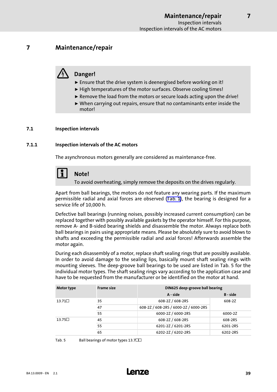 7 maintenance/repair, 1 inspection intervals, 1 inspection intervals of the ac motors | Maintenance/repair, Inspection intervals, Inspection intervals of the ac motors, 7maintenance/repair, Danger | Lenze 13.7xx Motors-Geared motors User Manual | Page 39 / 56