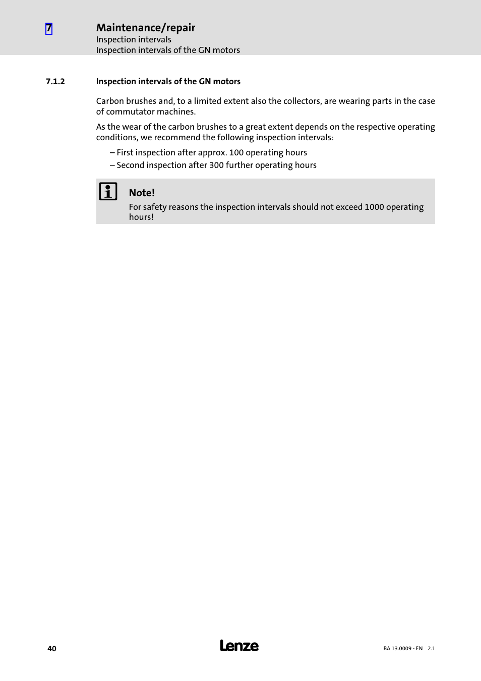 2 inspection intervals of the gn motors, Inspection intervals of the gn motors | Lenze 13.7xx Motors-Geared motors User Manual | Page 40 / 56