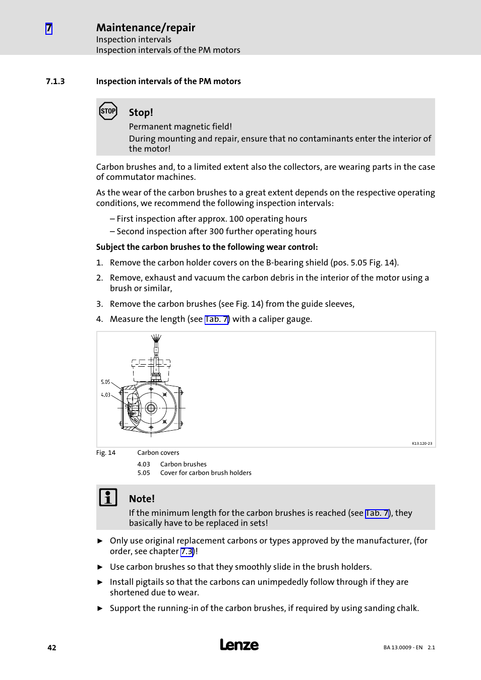 3 inspection intervals of the pm motors, Inspection intervals of the pm motors, Maintenance/repair | Lenze 13.7xx Motors-Geared motors User Manual | Page 42 / 56