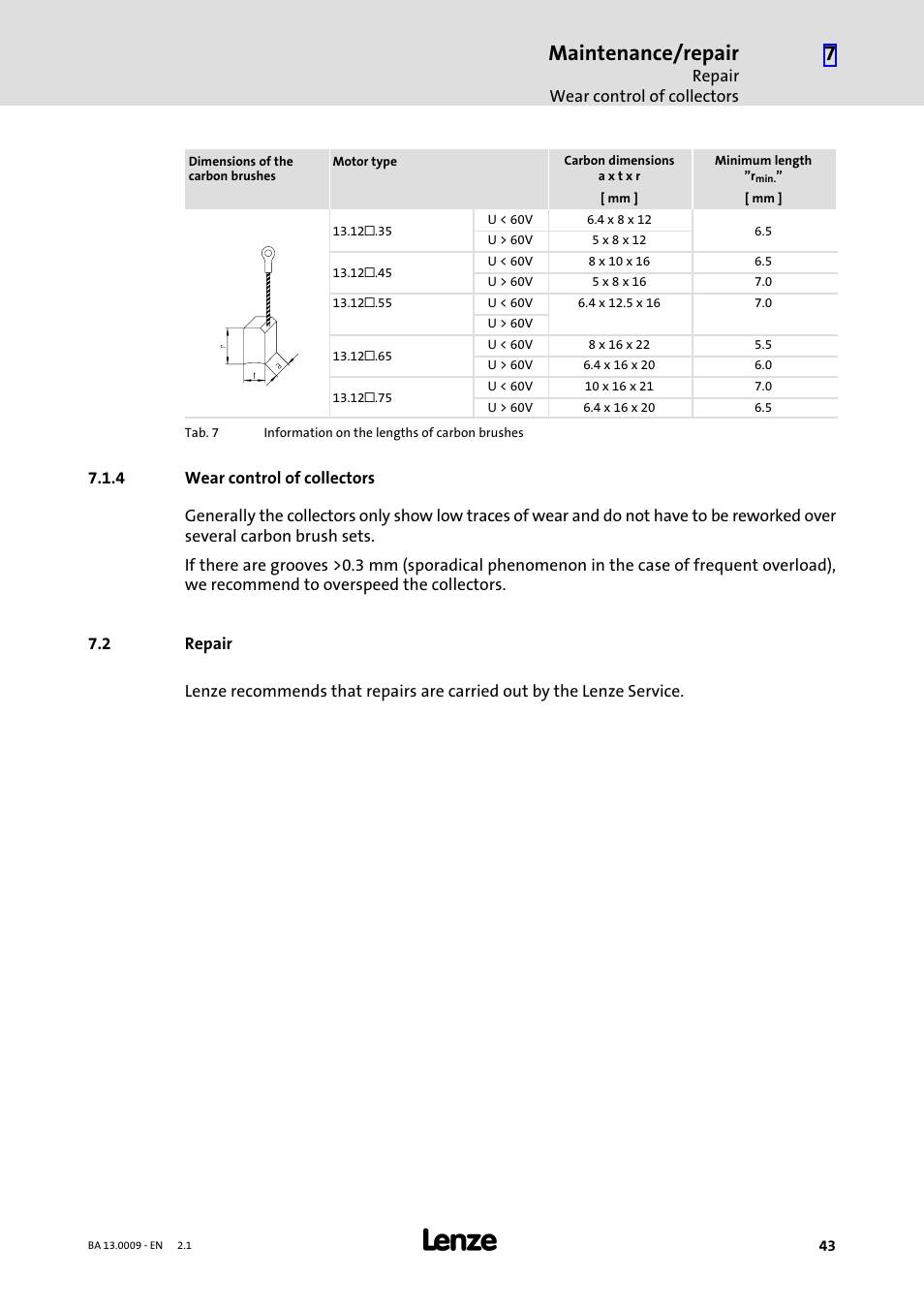 4 wear control of collectors, 2 repair, Wear control of collectors | Repair, Maintenance/repair | Lenze 13.7xx Motors-Geared motors User Manual | Page 43 / 56