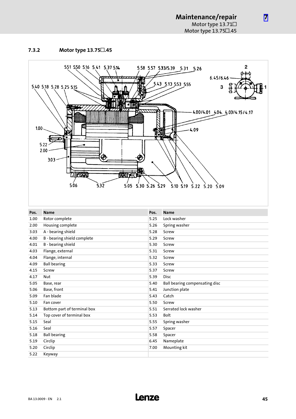 2 motor type 13.75.45, Motor type 13.75l.45, Maintenance/repair | Lenze 13.7xx Motors-Geared motors User Manual | Page 45 / 56