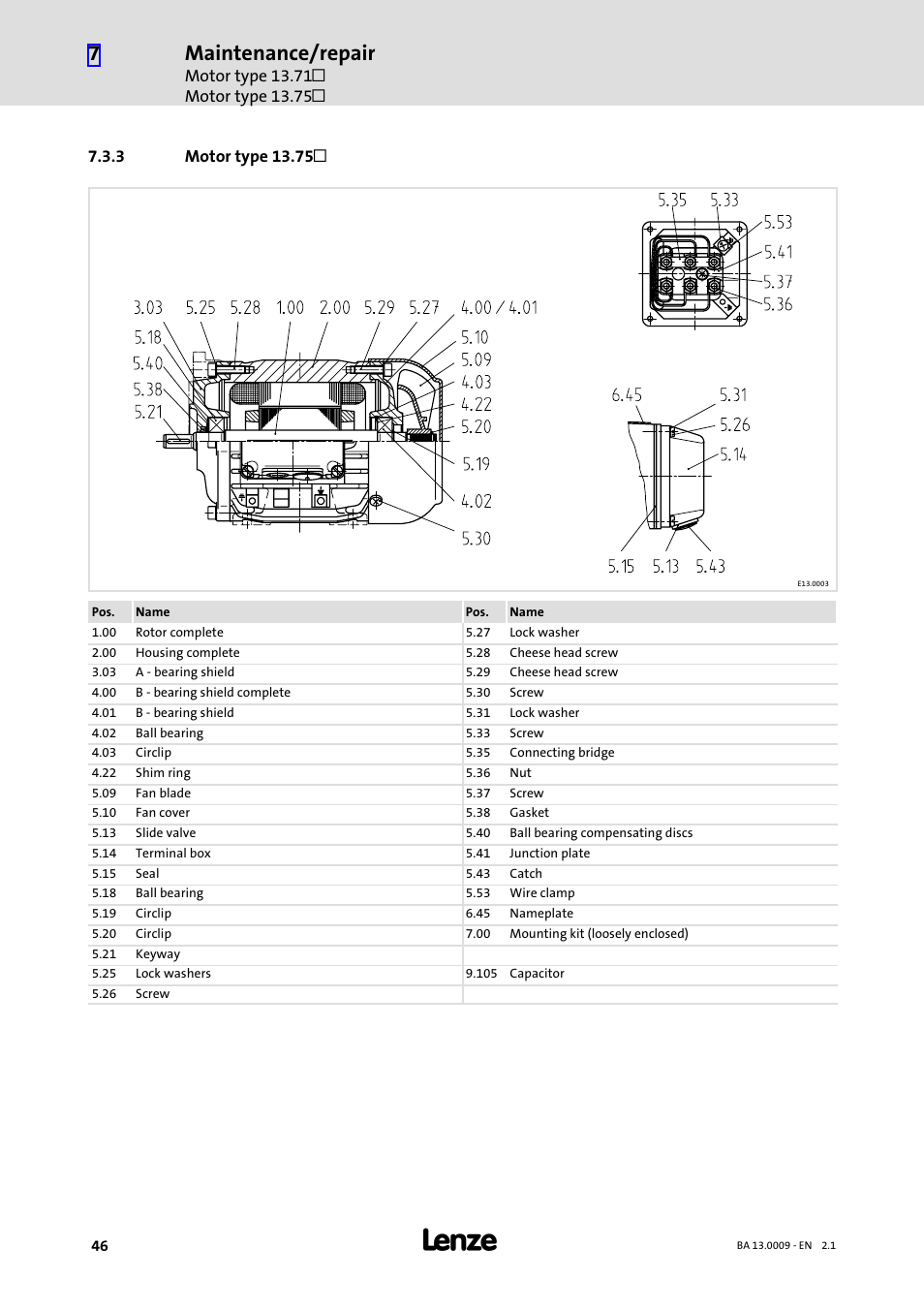 3 motor type 13.75, Motor type 13.75l, Maintenance/repair | Lenze 13.7xx Motors-Geared motors User Manual | Page 46 / 56