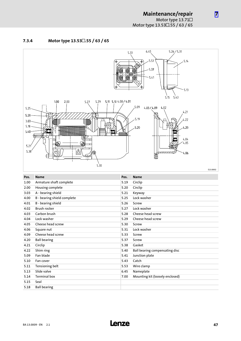 4 motor type 13.53.55 / 63 / 65, Motor type 13.53l.55 / 63 / 65, Maintenance/repair | Lenze 13.7xx Motors-Geared motors User Manual | Page 47 / 56