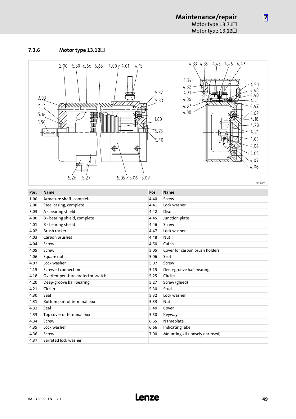 6 motor type 13.12, Motor type 13.12l, Maintenance/repair | Lenze 13.7xx Motors-Geared motors User Manual | Page 49 / 56