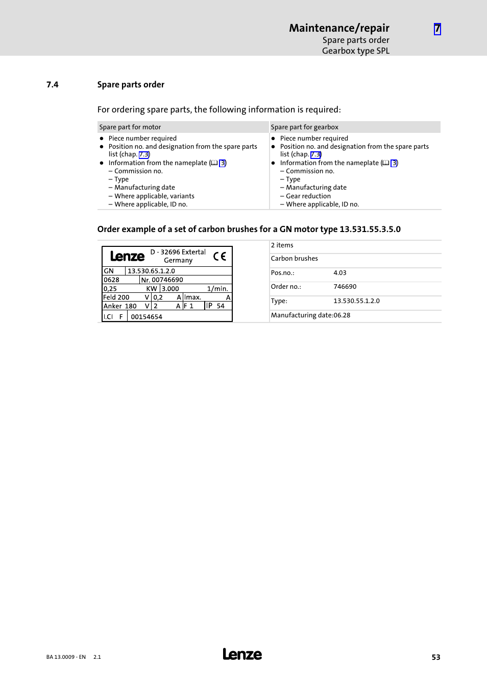 4 spare parts order, Spare parts order, Maintenance/repair | Lenze 13.7xx Motors-Geared motors User Manual | Page 53 / 56