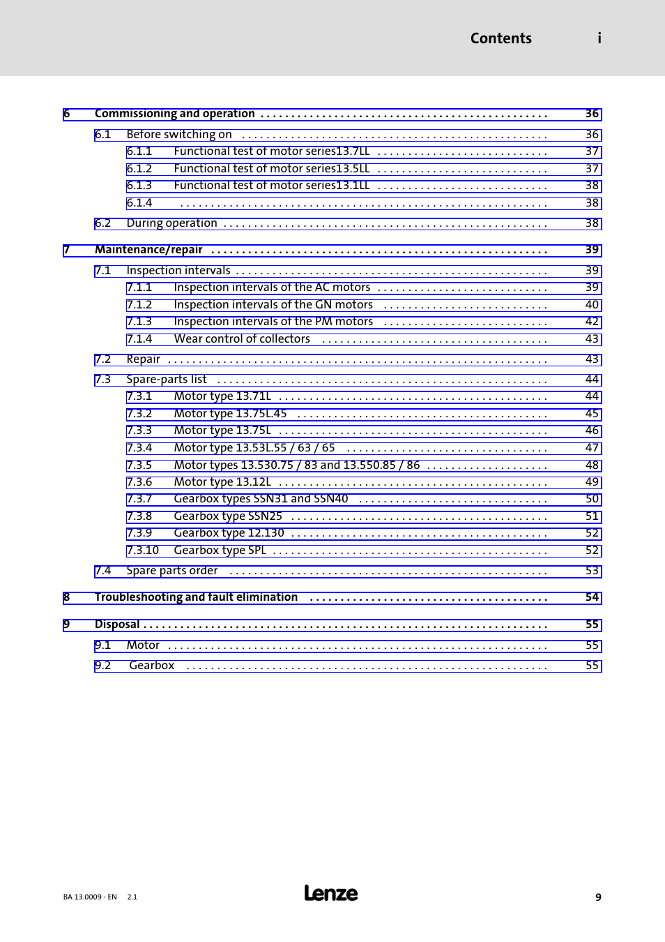 Contents i | Lenze 13.7xx Motors-Geared motors User Manual | Page 9 / 56