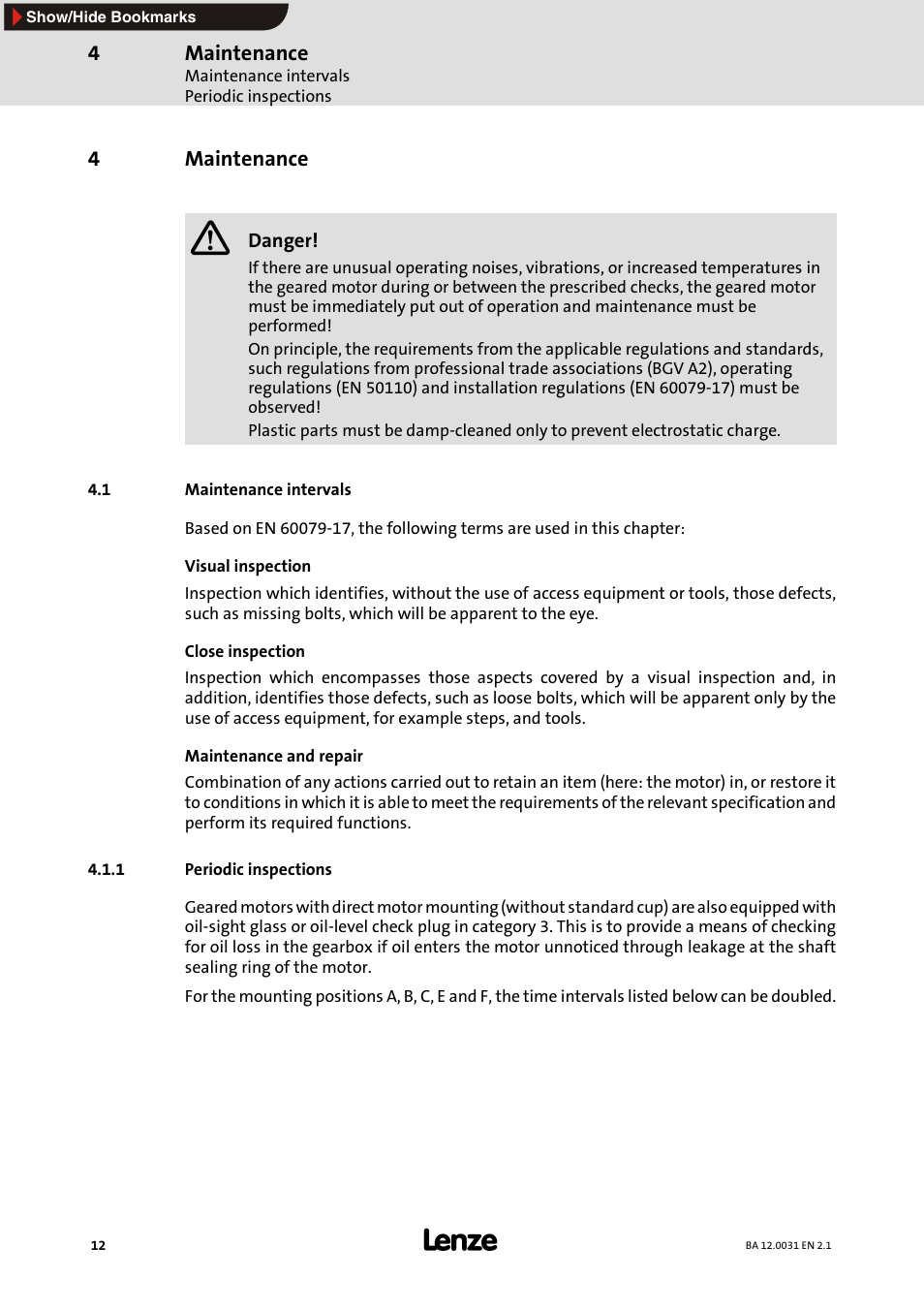 4 maintenance, 1 maintenance intervals, 1 periodic inspections | Maintenance, Periodic inspections, 4maintenance | Lenze MDxMA Three-phase AC motors ATEX 3D category User Manual | Page 12 / 15