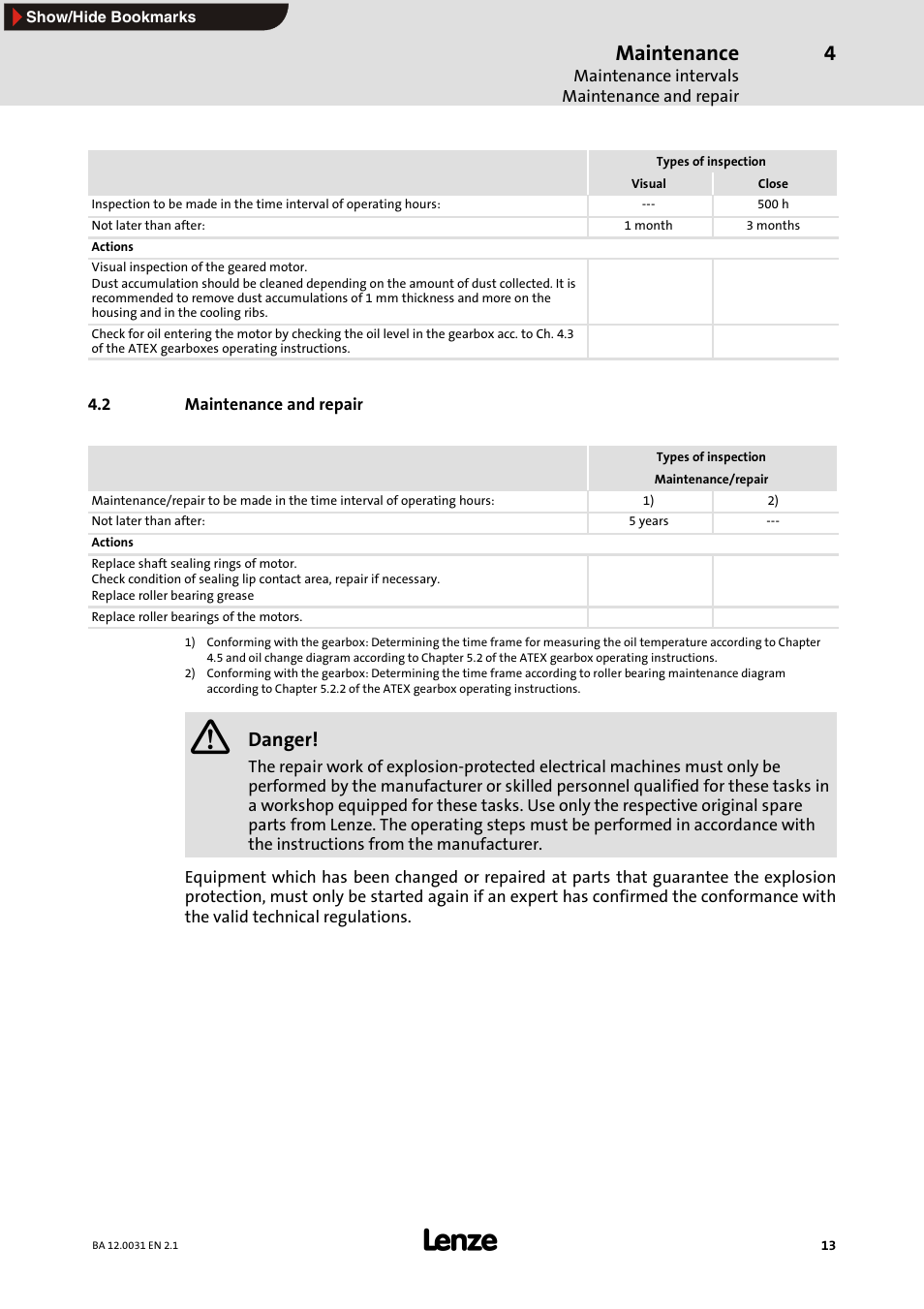 2 maintenance and repair, Maintenance, Danger | Lenze MDxMA Three-phase AC motors ATEX 3D category User Manual | Page 13 / 15