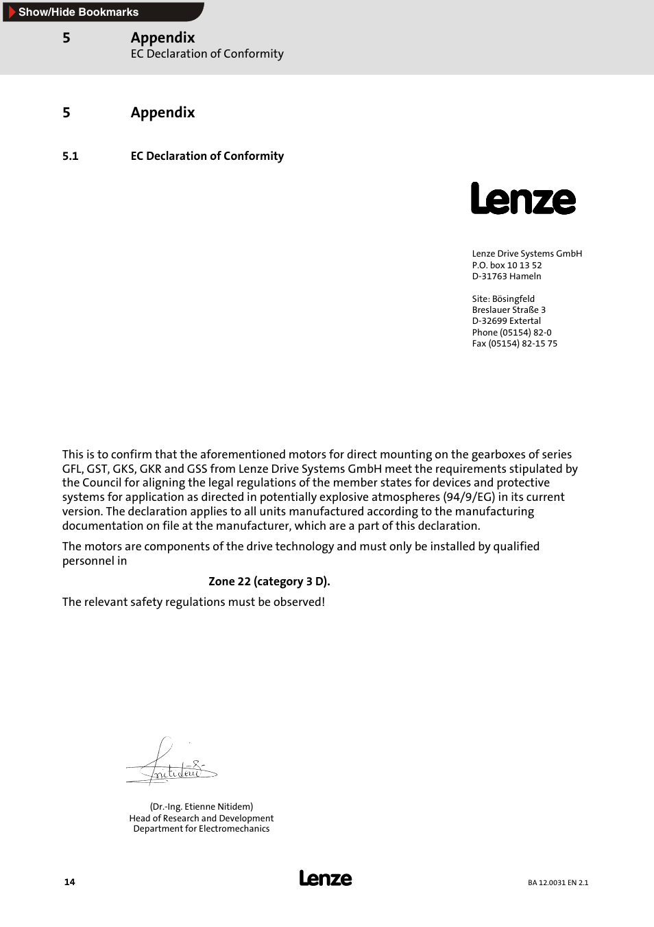 5 appendix, 1 ec declaration of conformity, Appendix | Lenze MDxMA Three-phase AC motors ATEX 3D category User Manual | Page 14 / 15