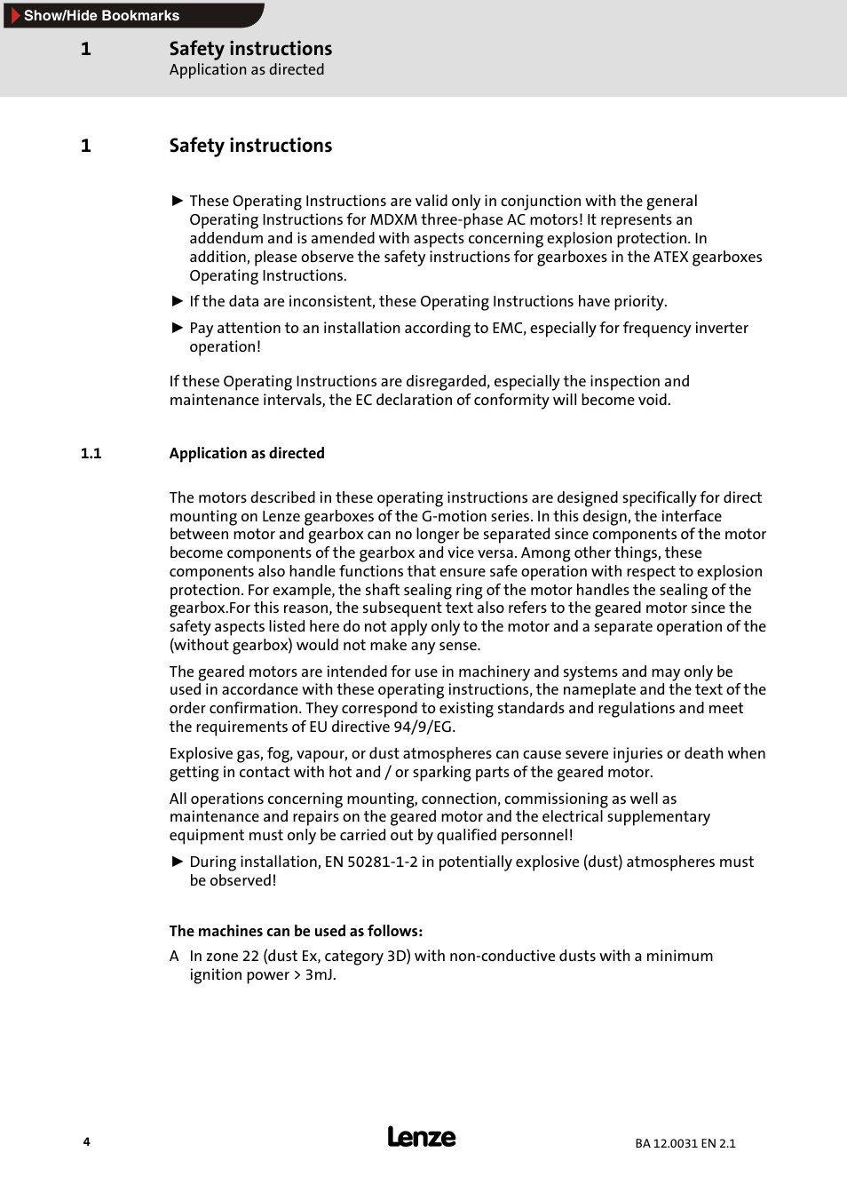 1 safety instructions, 1 application as directed, Safety instructions | 1safety instructions | Lenze MDxMA Three-phase AC motors ATEX 3D category User Manual | Page 4 / 15