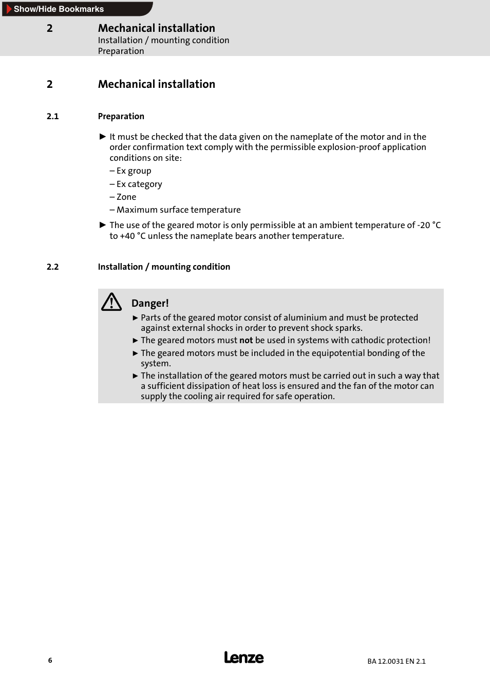 2 mechanical installation, 1 preparation, 2 installation / mounting condition | Mechanical installation, Preparation, 2mechanical installation | Lenze MDxMA Three-phase AC motors ATEX 3D category User Manual | Page 6 / 15