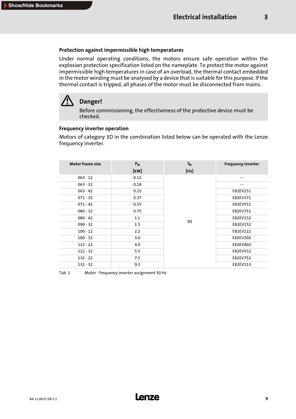 Electrical installation 3, Danger | Lenze MDxMA Three-phase AC motors ATEX 3D category User Manual | Page 9 / 15