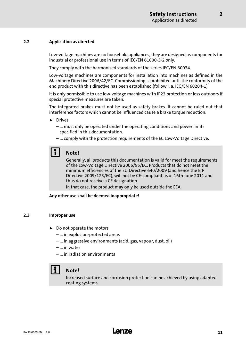 2 application as directed, 3 improper use, Application as directed | Improper use | Lenze MDxMA-MHxMA-MFxMA-MDERA-MHERA Three-phase AC motors User Manual | Page 11 / 60