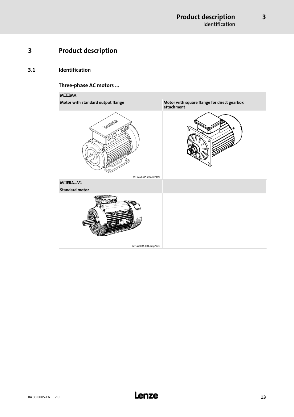 3 product description, 1 identification, Product description | Identification, 3product description | Lenze MDxMA-MHxMA-MFxMA-MDERA-MHERA Three-phase AC motors User Manual | Page 13 / 60