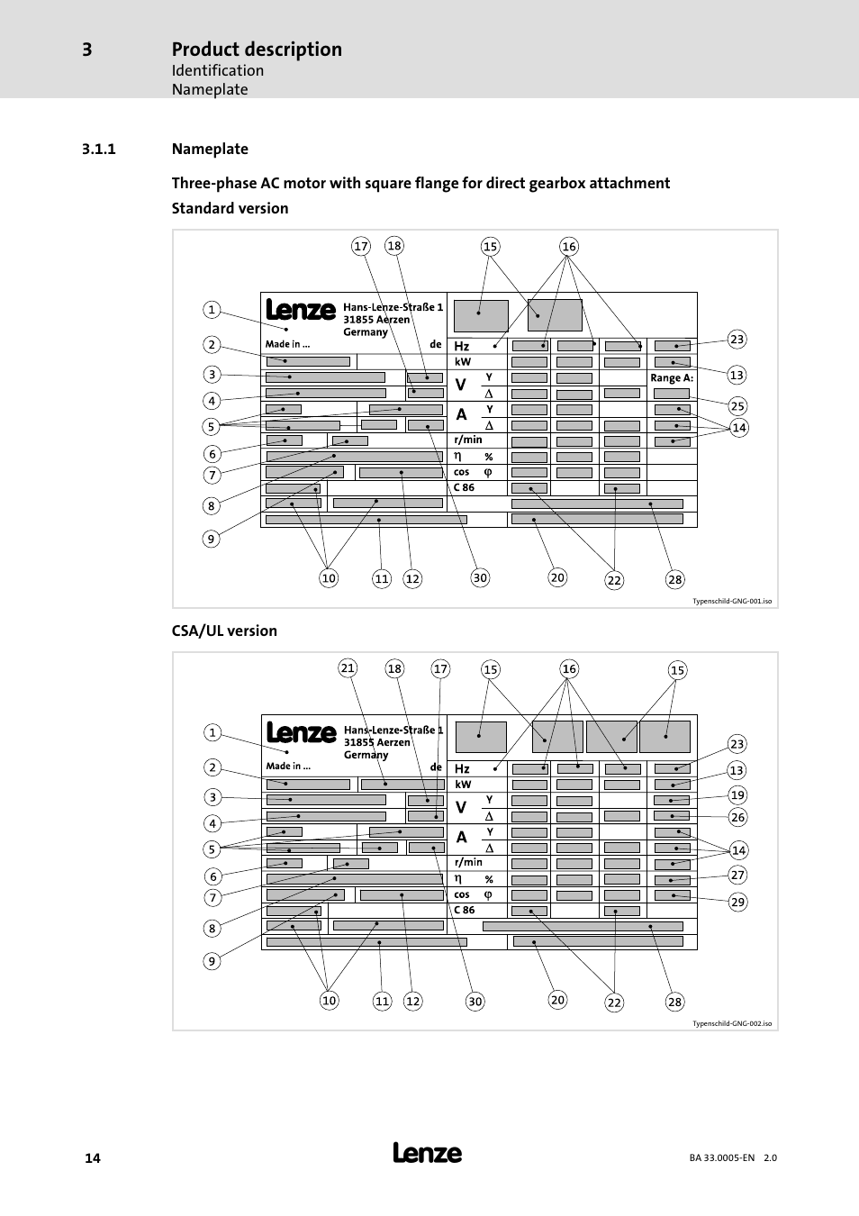 1 nameplate, Nameplate, Product description | Lenze MDxMA-MHxMA-MFxMA-MDERA-MHERA Three-phase AC motors User Manual | Page 14 / 60