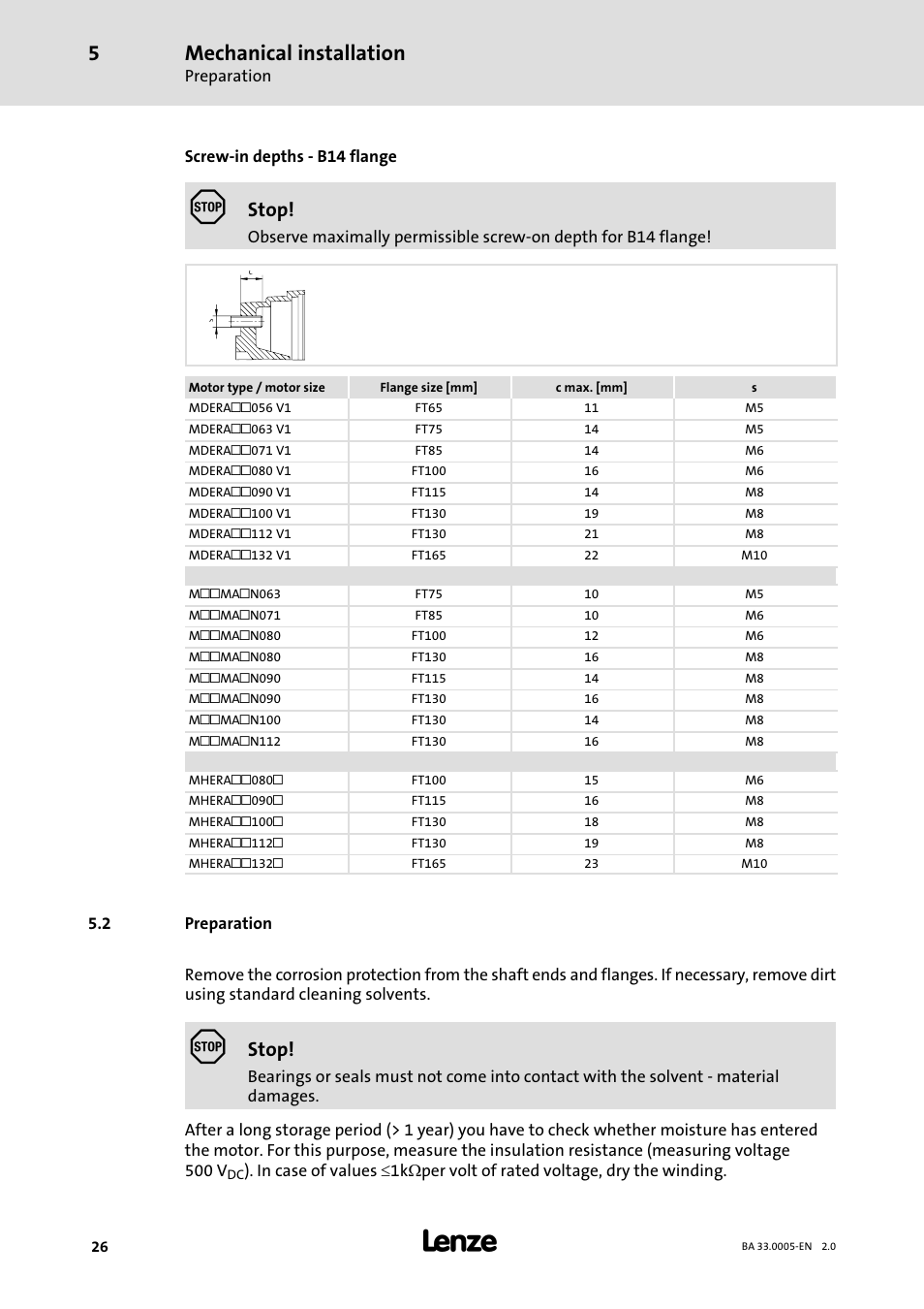 2 preparation, Preparation, Mechanical installation | Stop | Lenze MDxMA-MHxMA-MFxMA-MDERA-MHERA Three-phase AC motors User Manual | Page 26 / 60