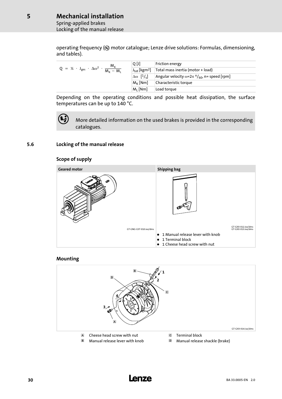 6 locking of the manual release, Locking of the manual release, Mechanical installation | Lenze MDxMA-MHxMA-MFxMA-MDERA-MHERA Three-phase AC motors User Manual | Page 30 / 60