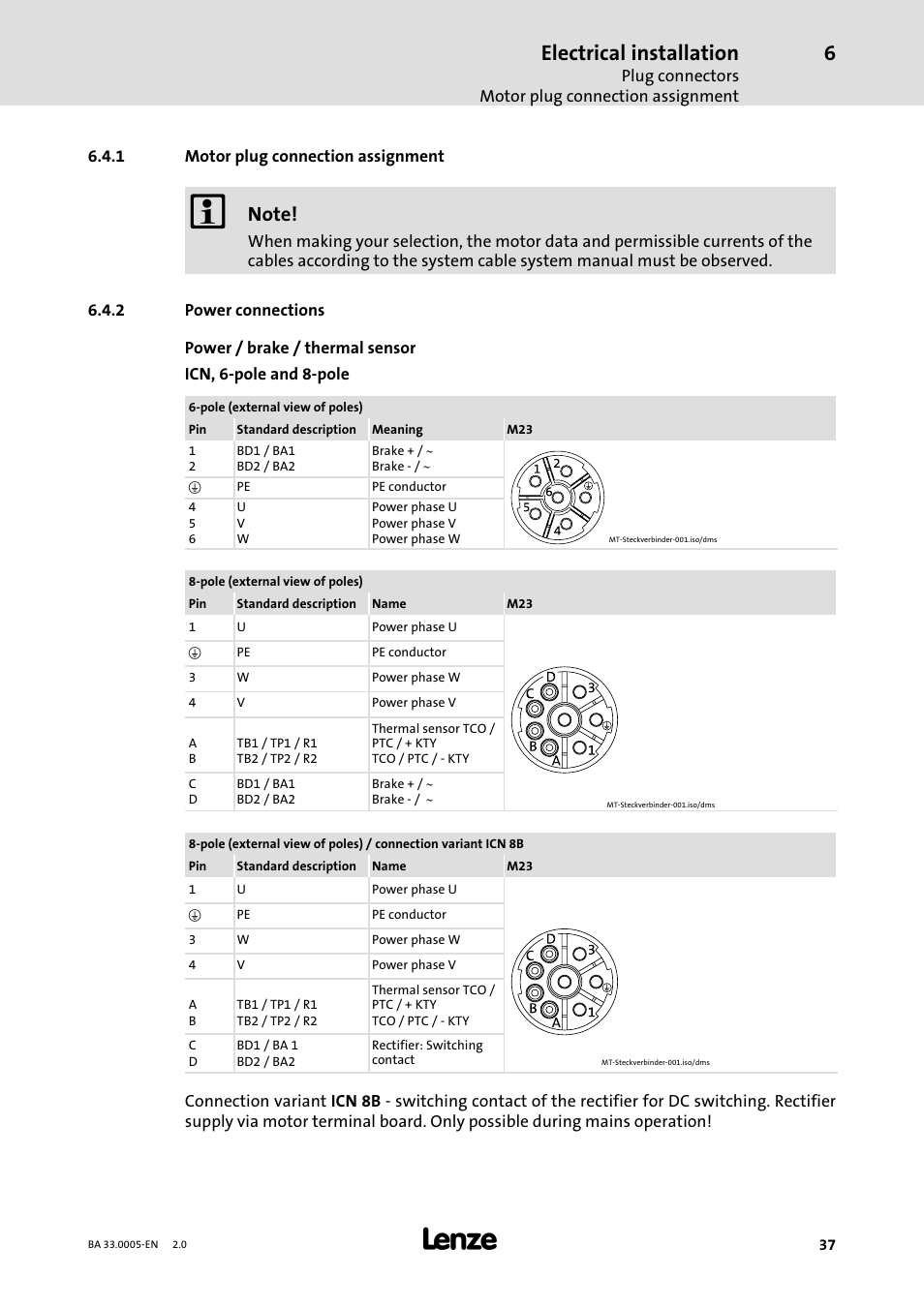 1 motor plug connection assignment, 2 power connections, Feedback system | Plug connectors, Electrical installation | Lenze MDxMA-MHxMA-MFxMA-MDERA-MHERA Three-phase AC motors User Manual | Page 37 / 60