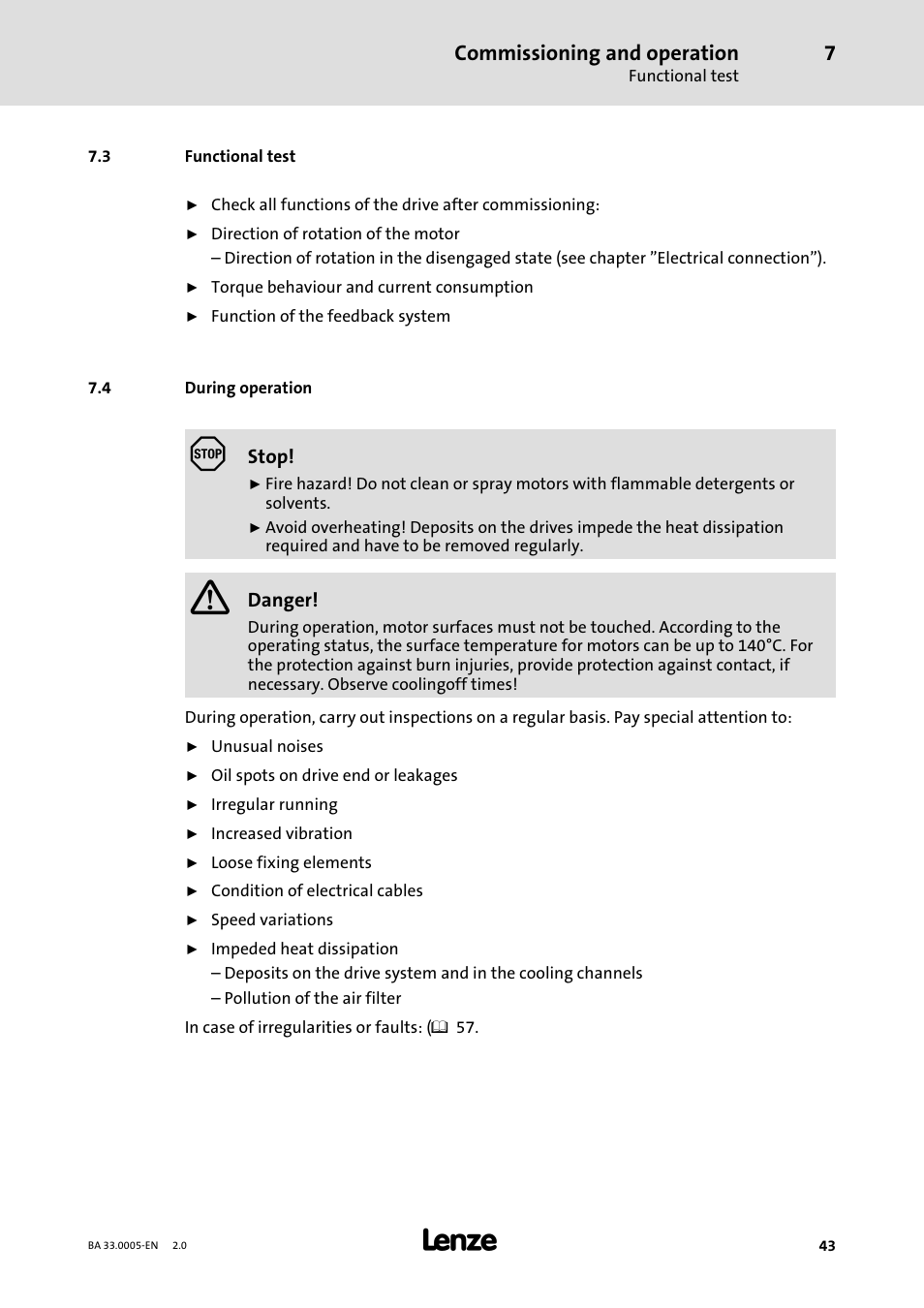 3 functional test, 4 during operation, Functional test | During operation, Commissioning and operation | Lenze MDxMA-MHxMA-MFxMA-MDERA-MHERA Three-phase AC motors User Manual | Page 43 / 60