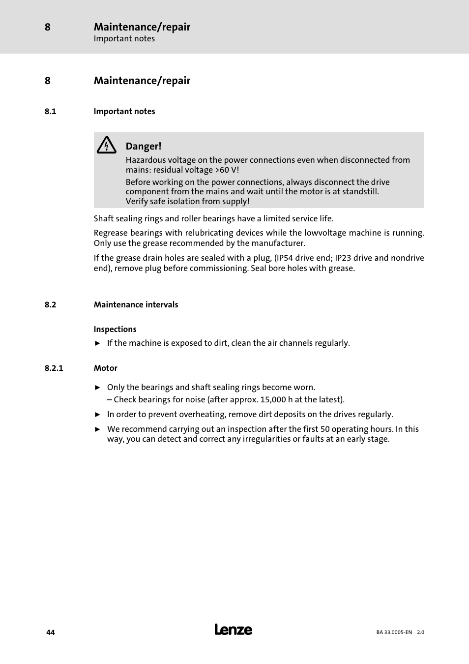 8 maintenance/repair, 1 important notes, 2 maintenance intervals | 1 motor, Maintenance/repair, Important notes, Maintenance intervals, Motor | Lenze MDxMA-MHxMA-MFxMA-MDERA-MHERA Three-phase AC motors User Manual | Page 44 / 60
