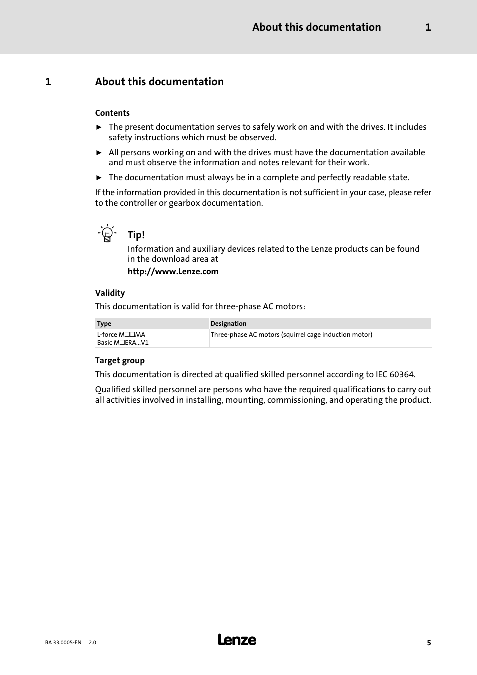 1 about this documentation, About this documentation, About this documentation 1 | 1about this documentation | Lenze MDxMA-MHxMA-MFxMA-MDERA-MHERA Three-phase AC motors User Manual | Page 5 / 60
