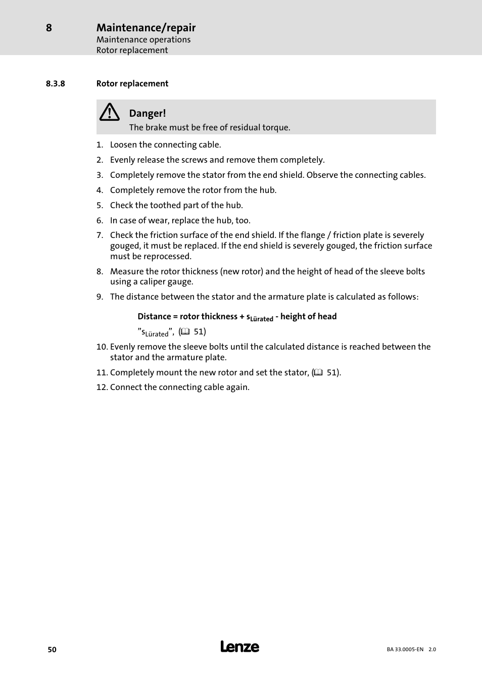 8 rotor replacement, Rotor replacement | Lenze MDxMA-MHxMA-MFxMA-MDERA-MHERA Three-phase AC motors User Manual | Page 50 / 60