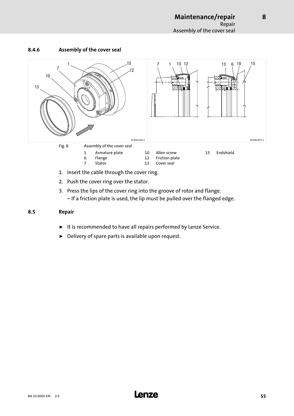 6 assembly of the cover seal, 5 repair, Assembly of the cover seal | Repair, Disposal, Maintenance/repair | Lenze MDxMA-MHxMA-MFxMA-MDERA-MHERA Three-phase AC motors User Manual | Page 55 / 60