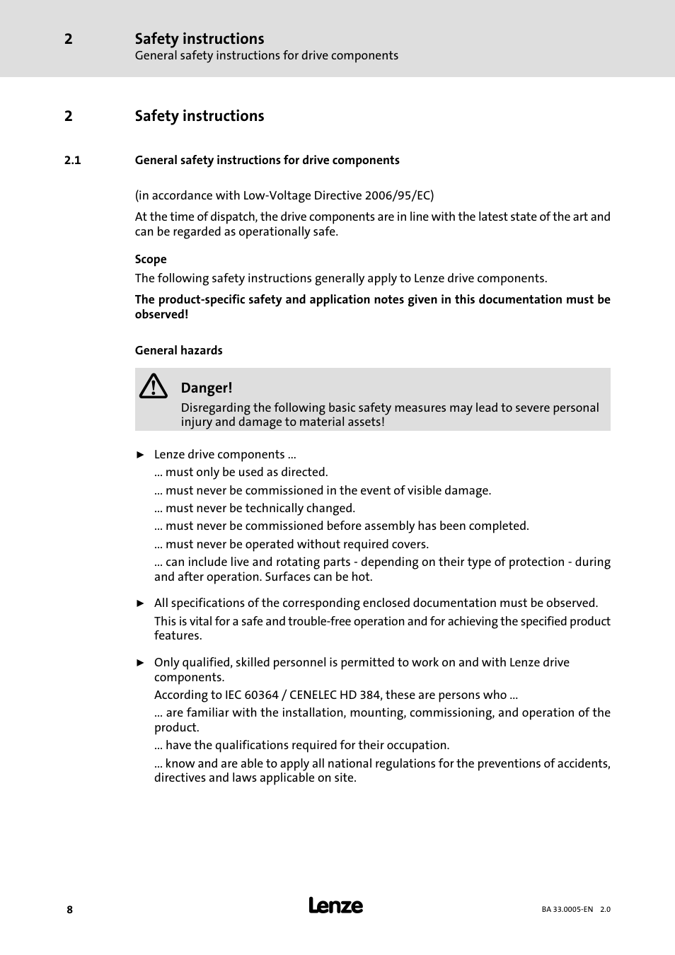 2 safety instructions, 1 general safety instructions for drive components, Safety instructions | General safety instructions for drive components | Lenze MDxMA-MHxMA-MFxMA-MDERA-MHERA Three-phase AC motors User Manual | Page 8 / 60