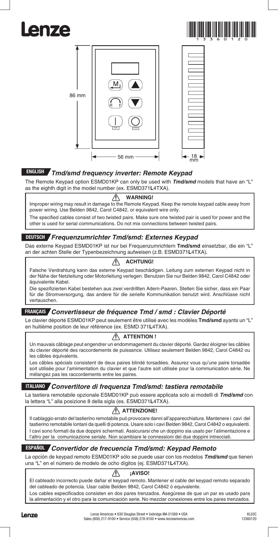 Lenze ESMD smd tmd remote keypad User Manual | 4 pages