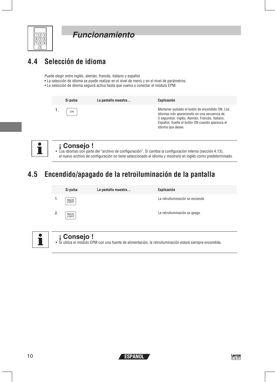 Funcionamiento, 4 selección de idioma, Consejo | 10 espanol | Lenze EPM Programmer EEPM1RA User Manual | Page 100 / 114
