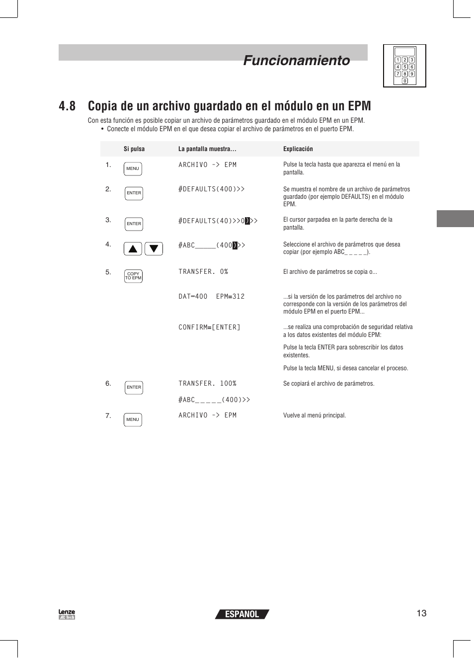 Funcionamiento, 13 espanol | Lenze EPM Programmer EEPM1RA User Manual | Page 103 / 114