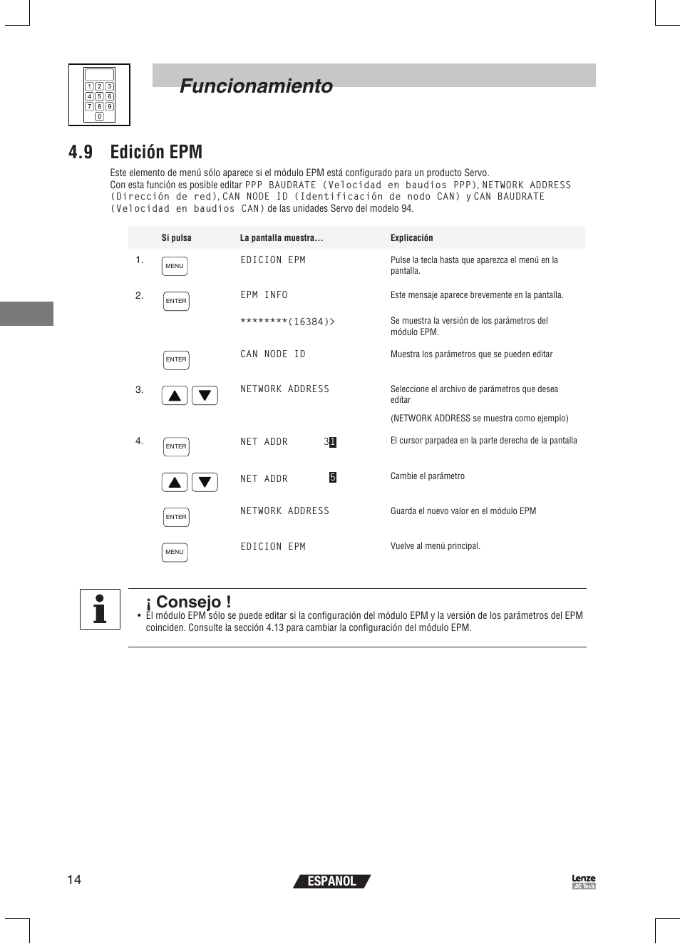 Funcionamiento, 9 edición epm, Consejo | 14 espanol | Lenze EPM Programmer EEPM1RA User Manual | Page 104 / 114