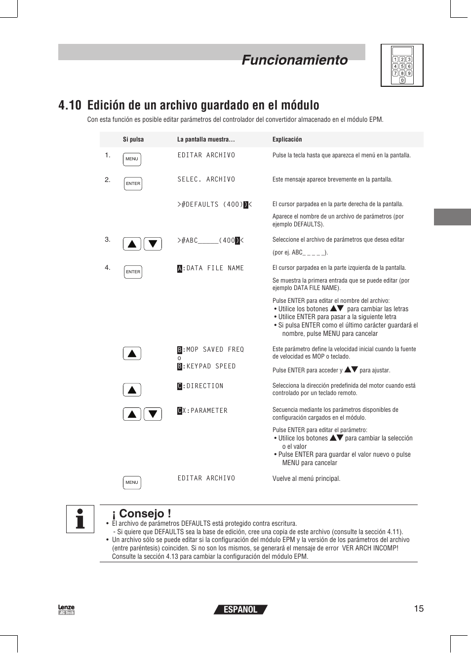 Funcionamiento, 10 edición de un archivo guardado en el módulo, Consejo | 15 espanol | Lenze EPM Programmer EEPM1RA User Manual | Page 105 / 114