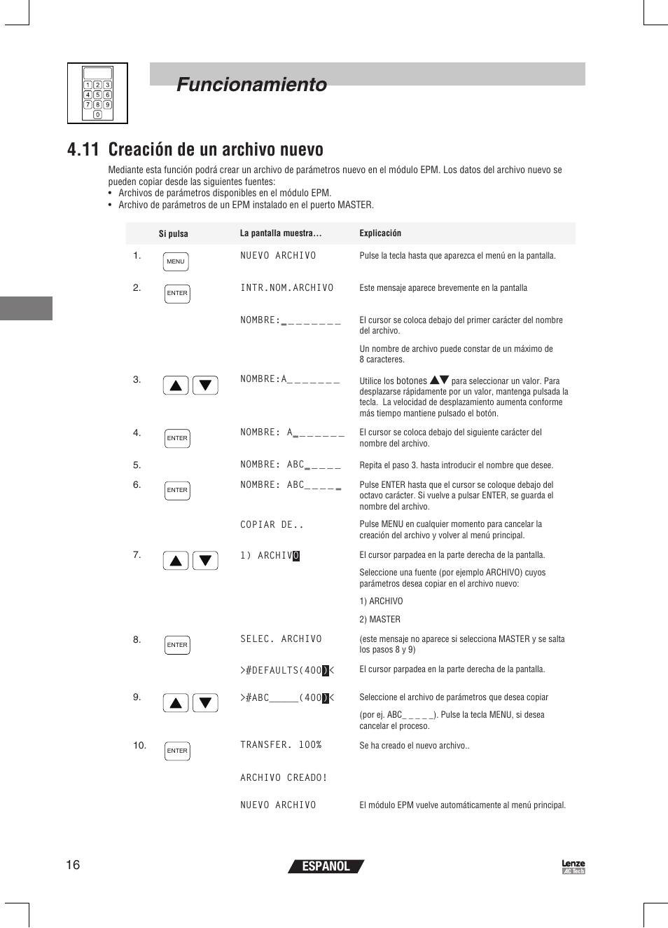 Funcionamiento, 11 creación de un archivo nuevo, 16 espanol | Lenze EPM Programmer EEPM1RA User Manual | Page 106 / 114