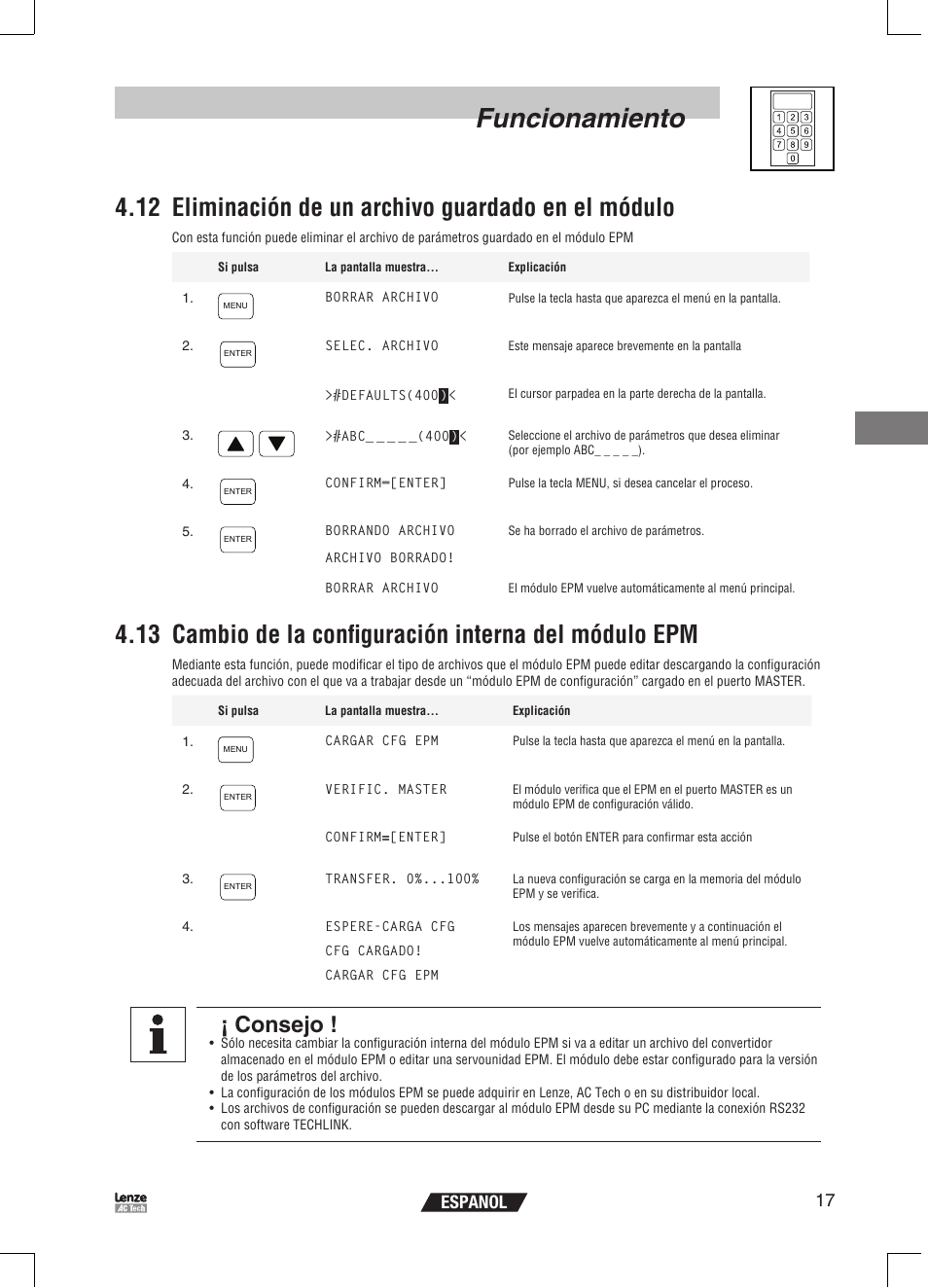 Funcionamiento, 12 eliminación de un archivo guardado en el módulo, Consejo | 17 espanol | Lenze EPM Programmer EEPM1RA User Manual | Page 107 / 114
