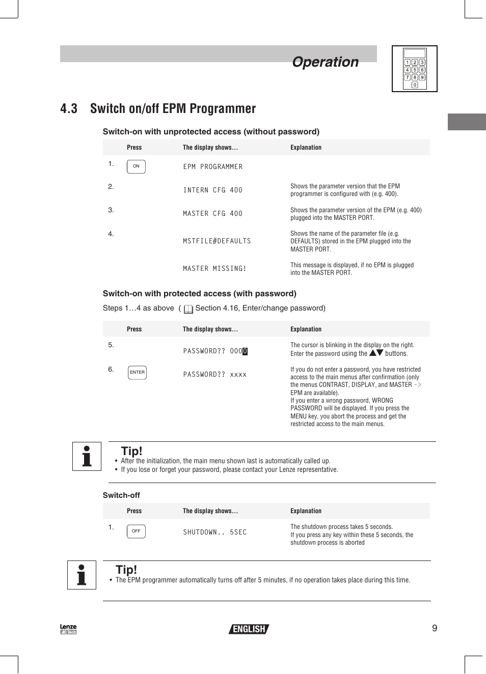 Operation, 3 switch on/off epm programmer, 9english | Lenze EPM Programmer EEPM1RA User Manual | Page 11 / 114