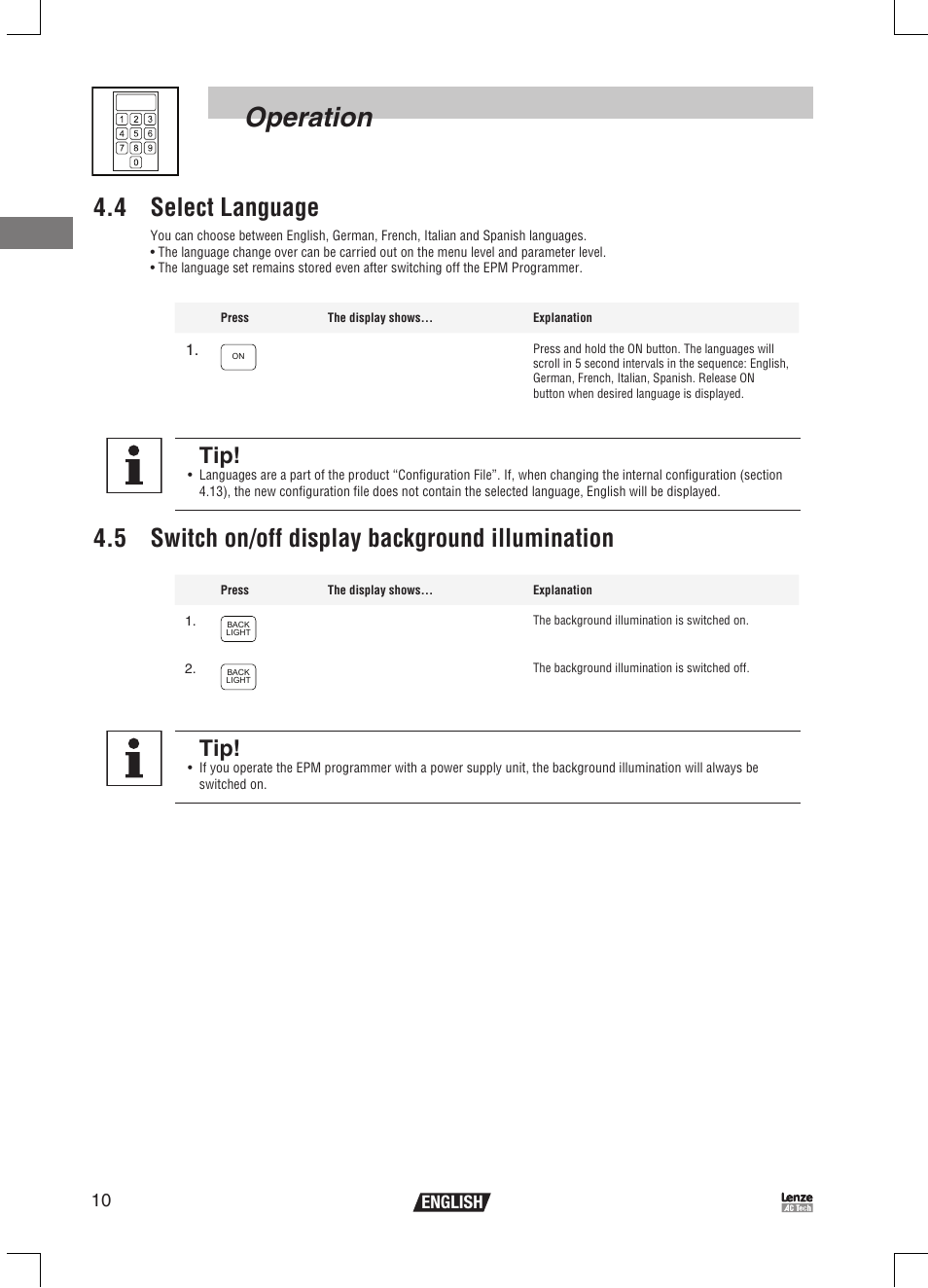 Operation, 4 select language, 5 switch on/off display background illumination | 10 english | Lenze EPM Programmer EEPM1RA User Manual | Page 12 / 114