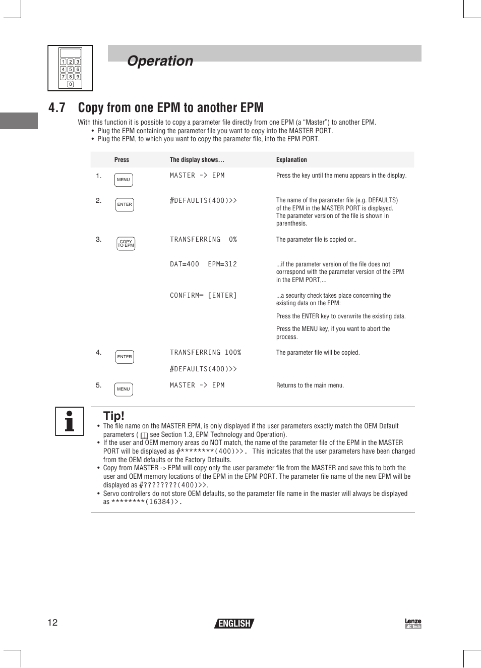 Operation, 7 copy from one epm to another epm, 12 english | Lenze EPM Programmer EEPM1RA User Manual | Page 14 / 114