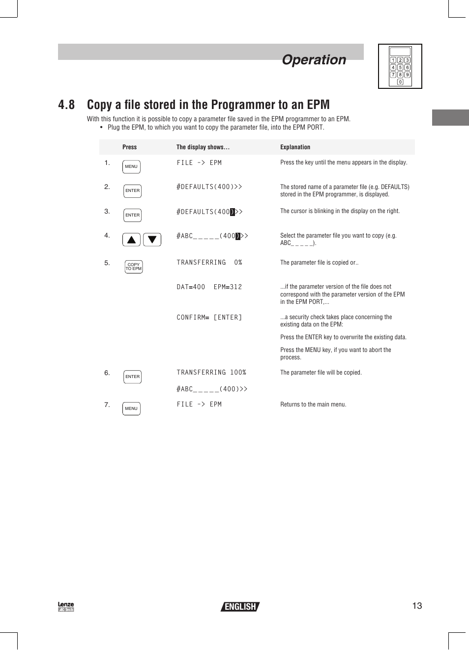 Operation, 8 copy a file stored in the programmer to an epm, 13 english | Lenze EPM Programmer EEPM1RA User Manual | Page 15 / 114