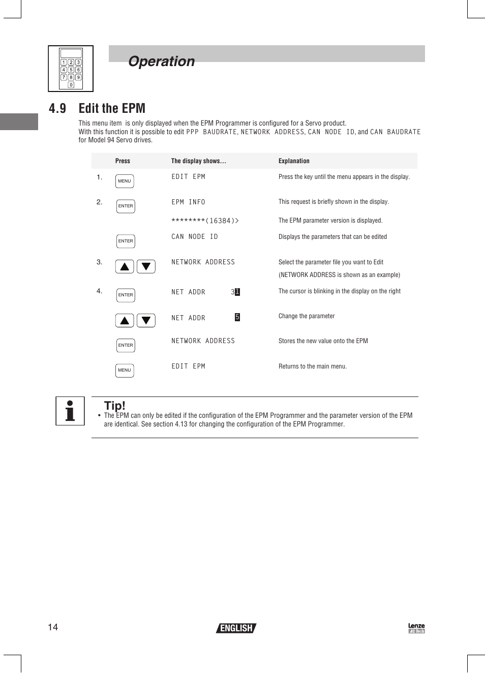 Operation, 9 edit the epm, 14 english | Lenze EPM Programmer EEPM1RA User Manual | Page 16 / 114