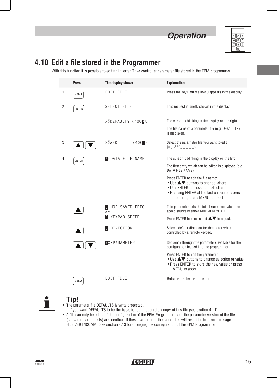 Operation, 10 edit a file stored in the programmer, 15 english | Lenze EPM Programmer EEPM1RA User Manual | Page 17 / 114